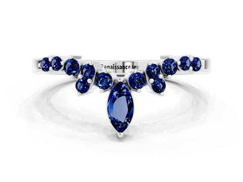 White gold Marquise and Round Blue Sapphire Chevron Band with Prong Setting_6