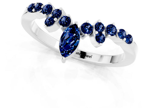 White gold Marquise and Round Blue Sapphire Chevron Band with Prong Setting_7