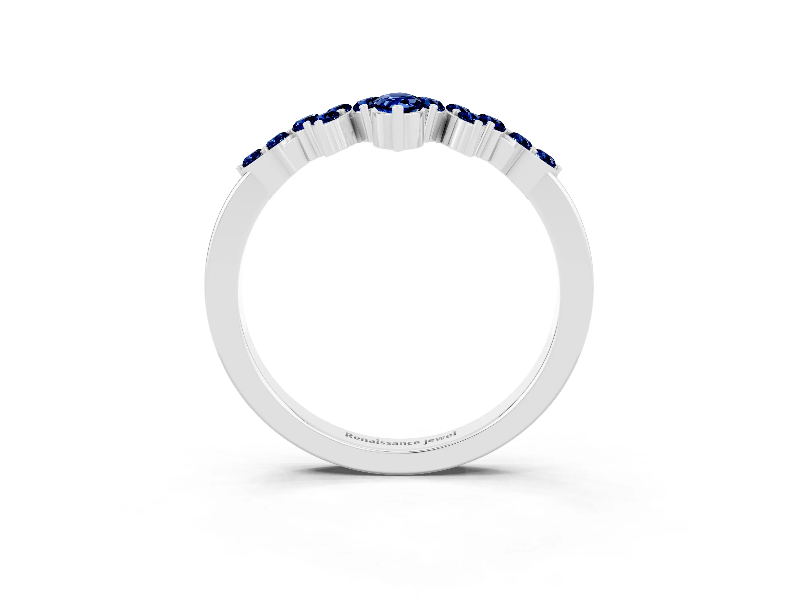 White gold Marquise and Round Blue Sapphire Chevron Band with Prong Setting_9