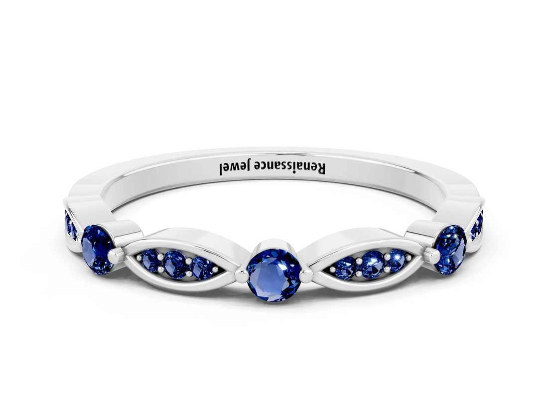 White gold Marquise and Round Blue Sapphire Milgrain Band with Bezel Setting_6