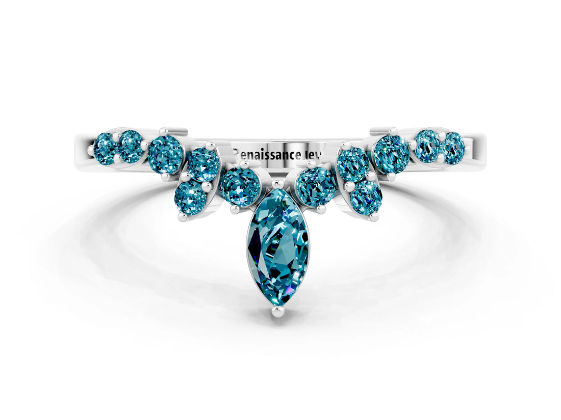 White gold Marquise and Round Blue Topaz Chevron Band with Prong Setting_6