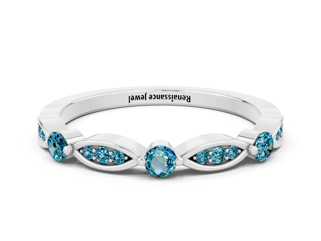 White gold Marquise and Round Blue Topaz Milgrain Band with Bezel Setting_18