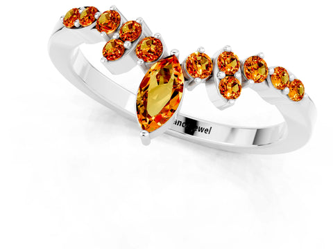 White gold Marquise and Round Citrine Chevron Band with Prong Setting_7