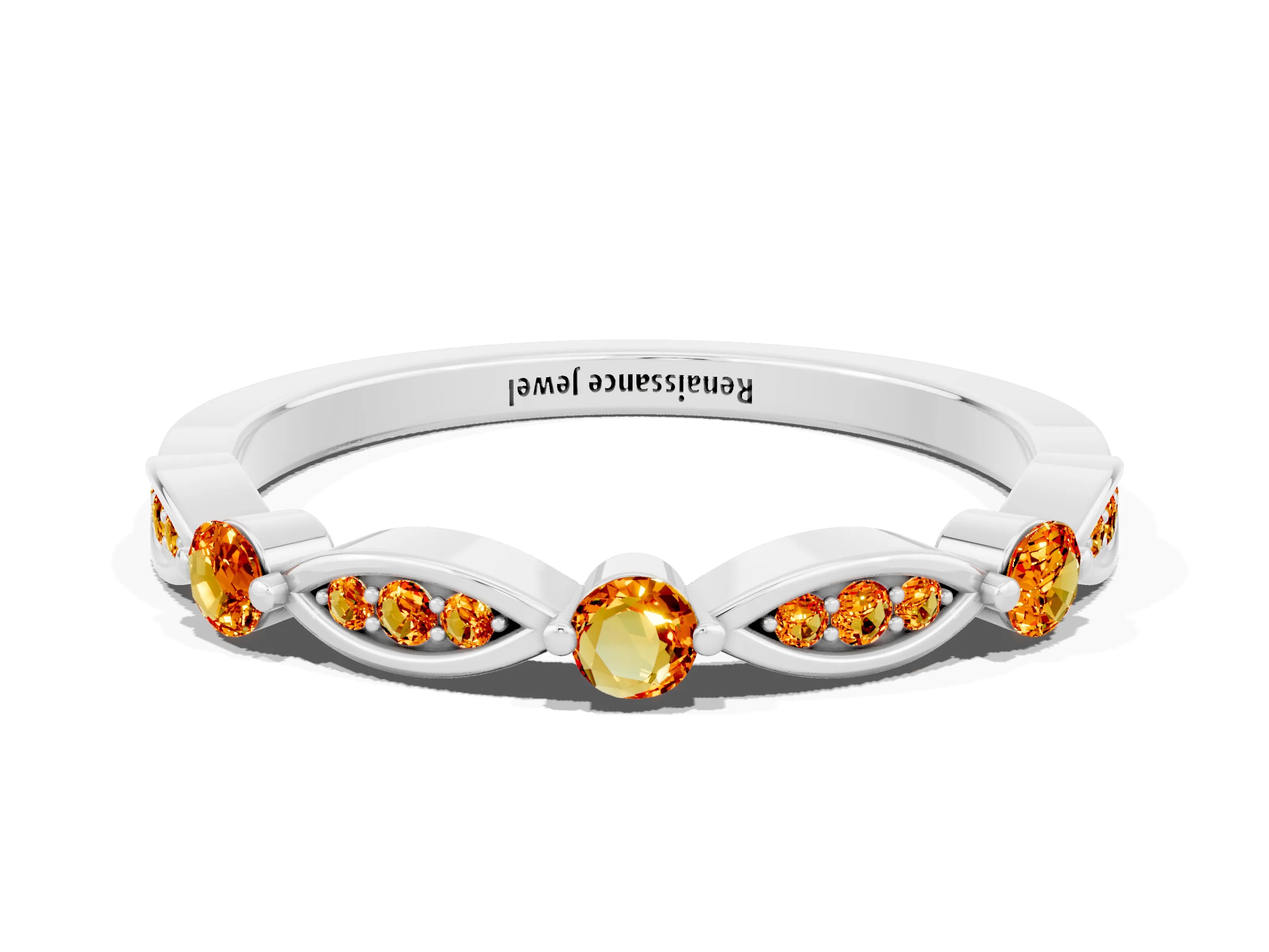 White gold Marquise and Round Citrine Milgrain Band with Bezel Setting_6
