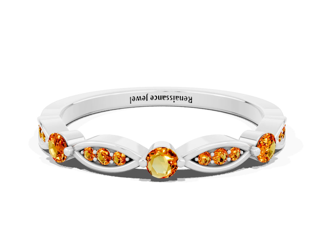 White gold Marquise and Round Citrine Milgrain Band with Bezel Setting_6