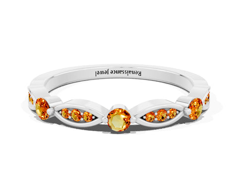 White gold Marquise and Round Citrine Milgrain Band with Bezel Setting_6