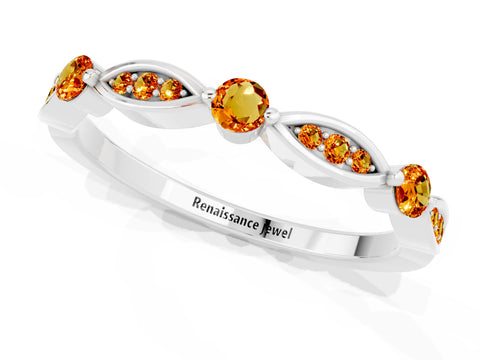 White gold Marquise and Round Citrine Milgrain Band with Bezel Setting_7