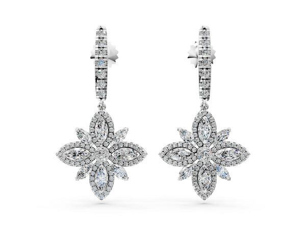 Platinum Marquise and Round Diamond Floral Huggie Drop Earrings