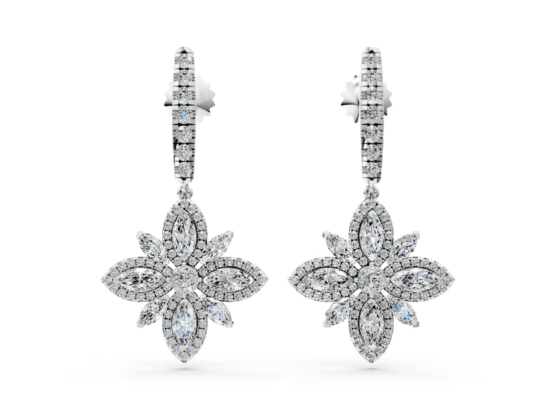 White gold Marquise and Round Diamond Floral Huggie Drop Earrings_4