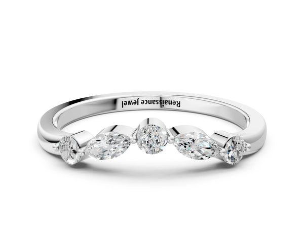 White gold Marquise and Round Diamond Half Eternity Band with Prong Setting