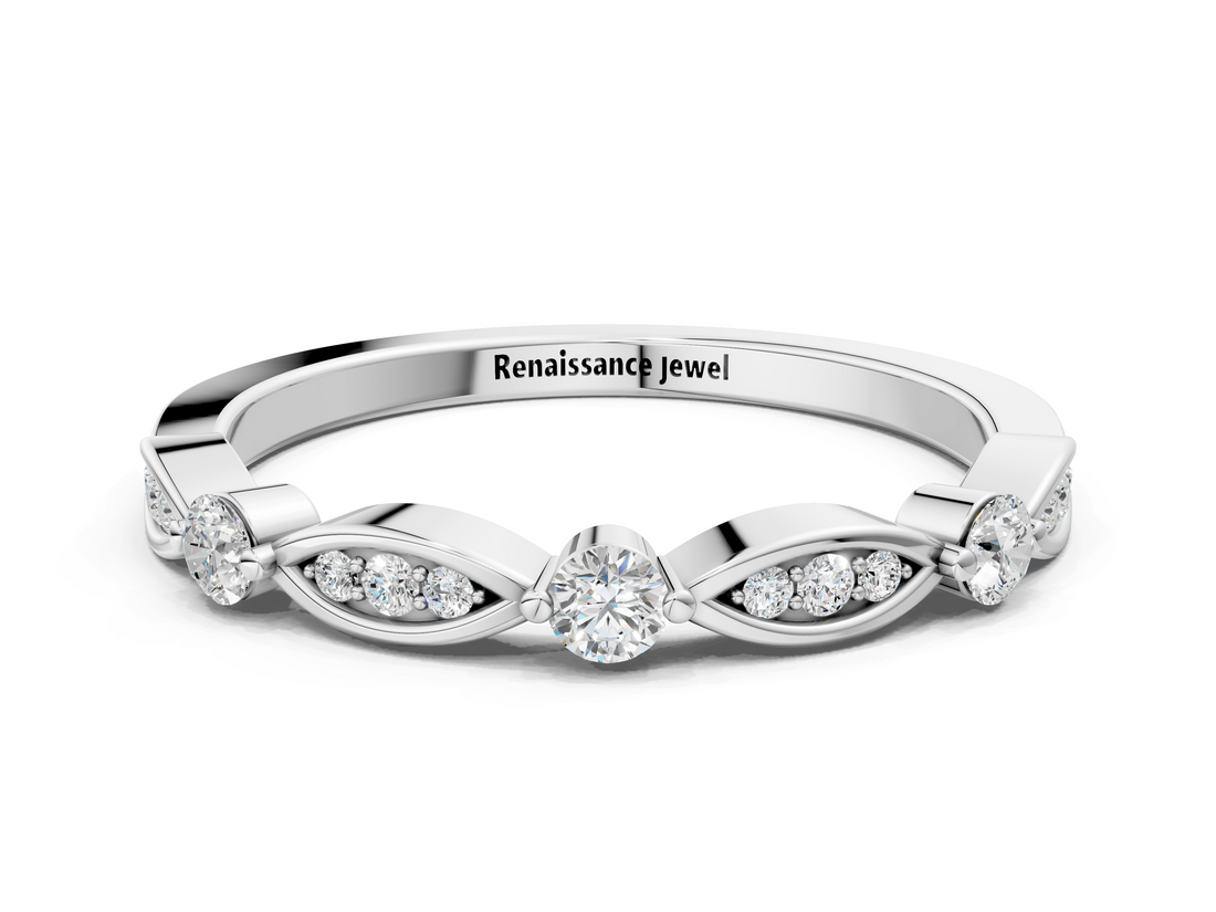 White gold Marquise and Round Diamond Milgrain Band with Bezel Setting_35