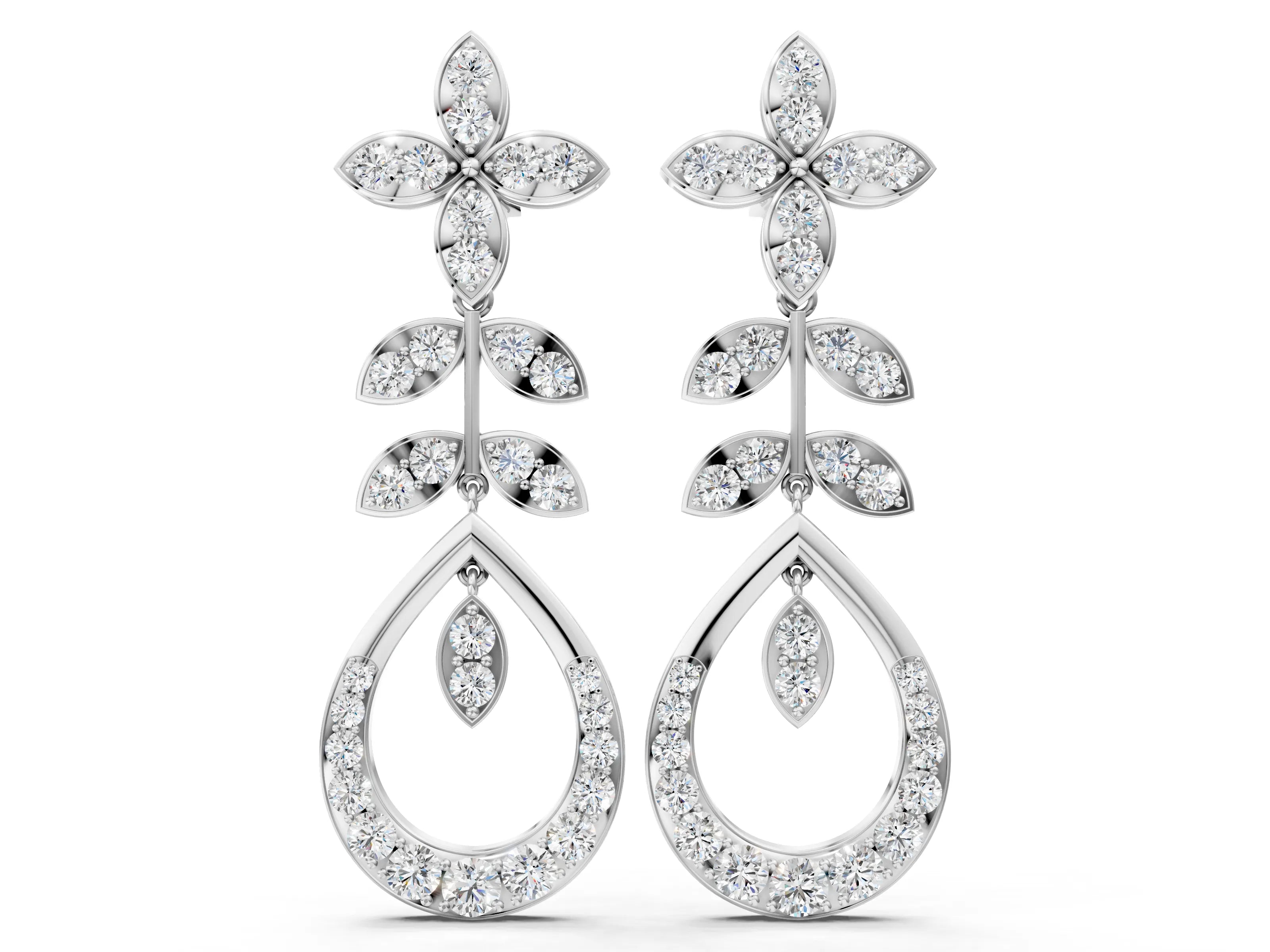 White gold Marquise and Round Diamond Sparkling Dewdrop Drop Earrings