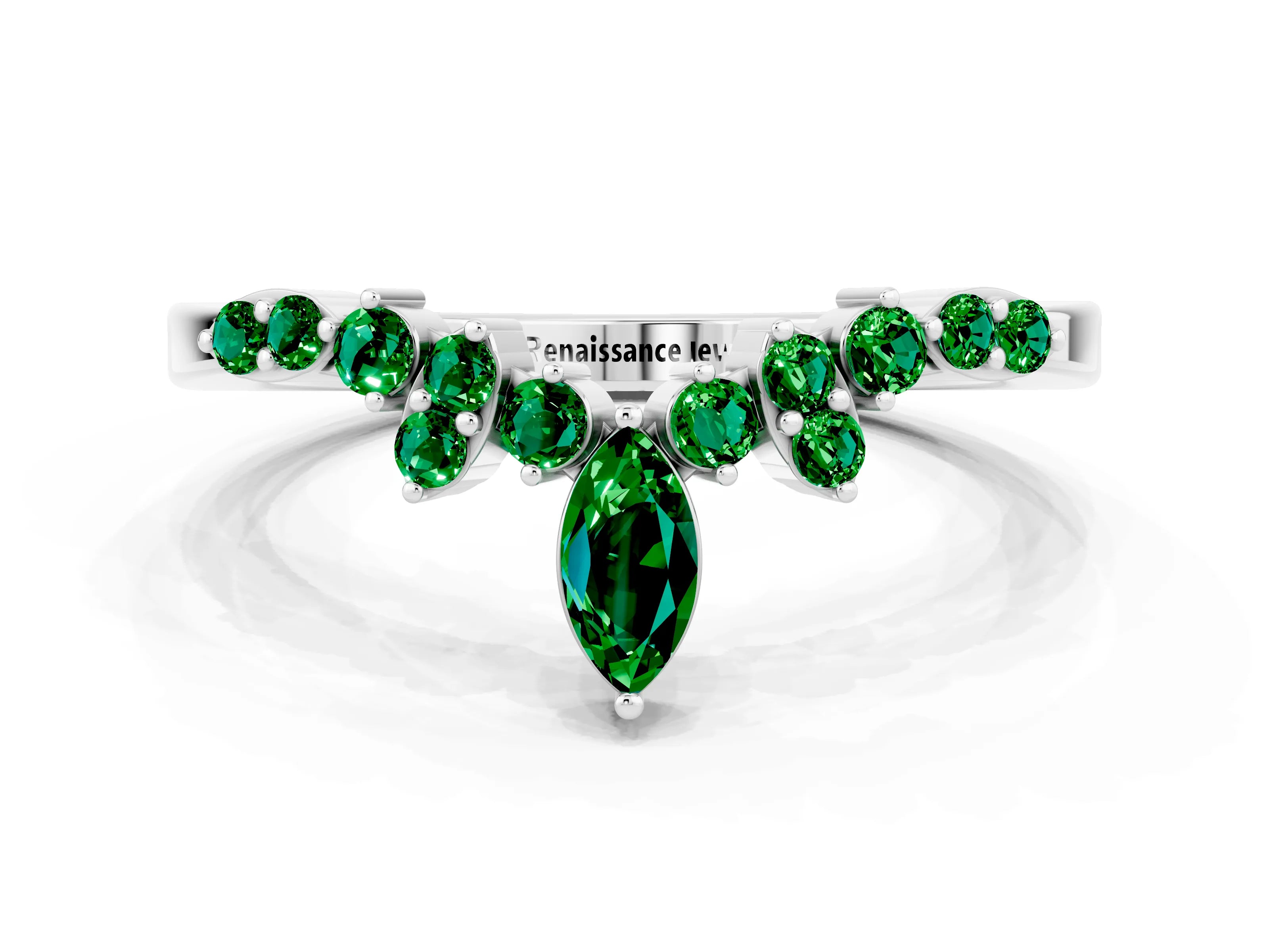 White gold Marquise and Round Emerald Chevron Band with Prong Setting_6