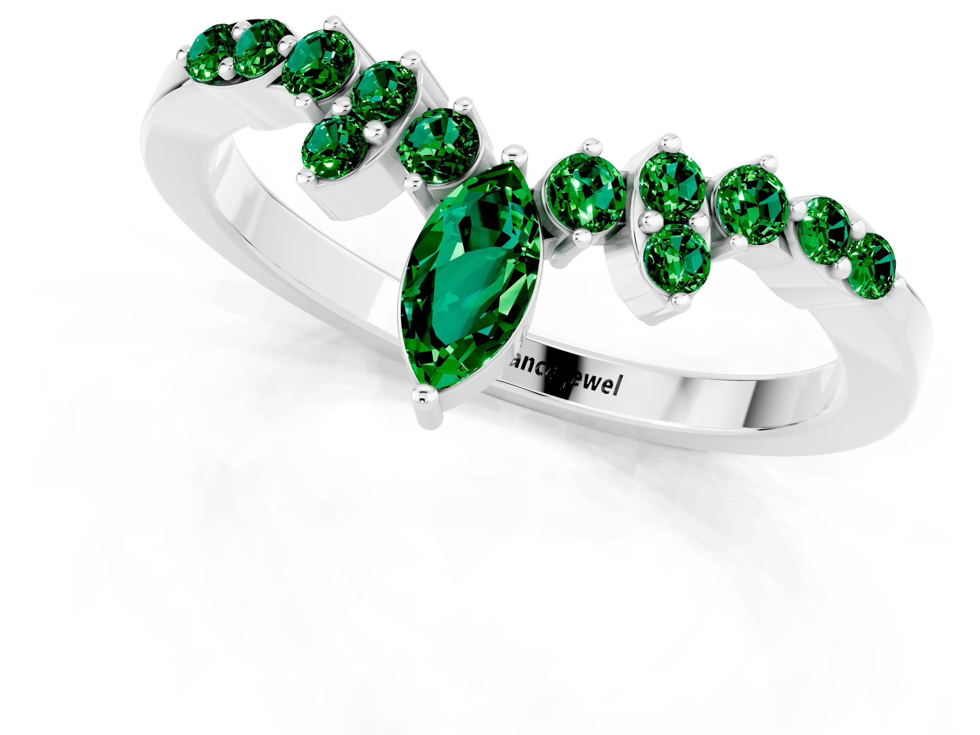 White gold Marquise and Round Emerald Chevron Band with Prong Setting_7