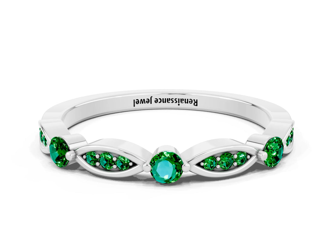 White gold Marquise and Round Emerald Milgrain Band with Bezel Setting_18