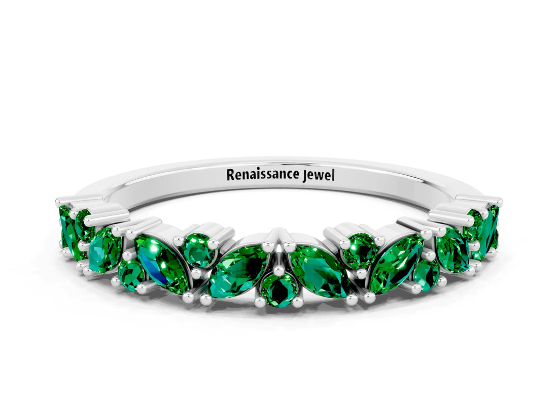 White gold Marquise and Round Emerald Vine Eternity Band with Prong Setting_6