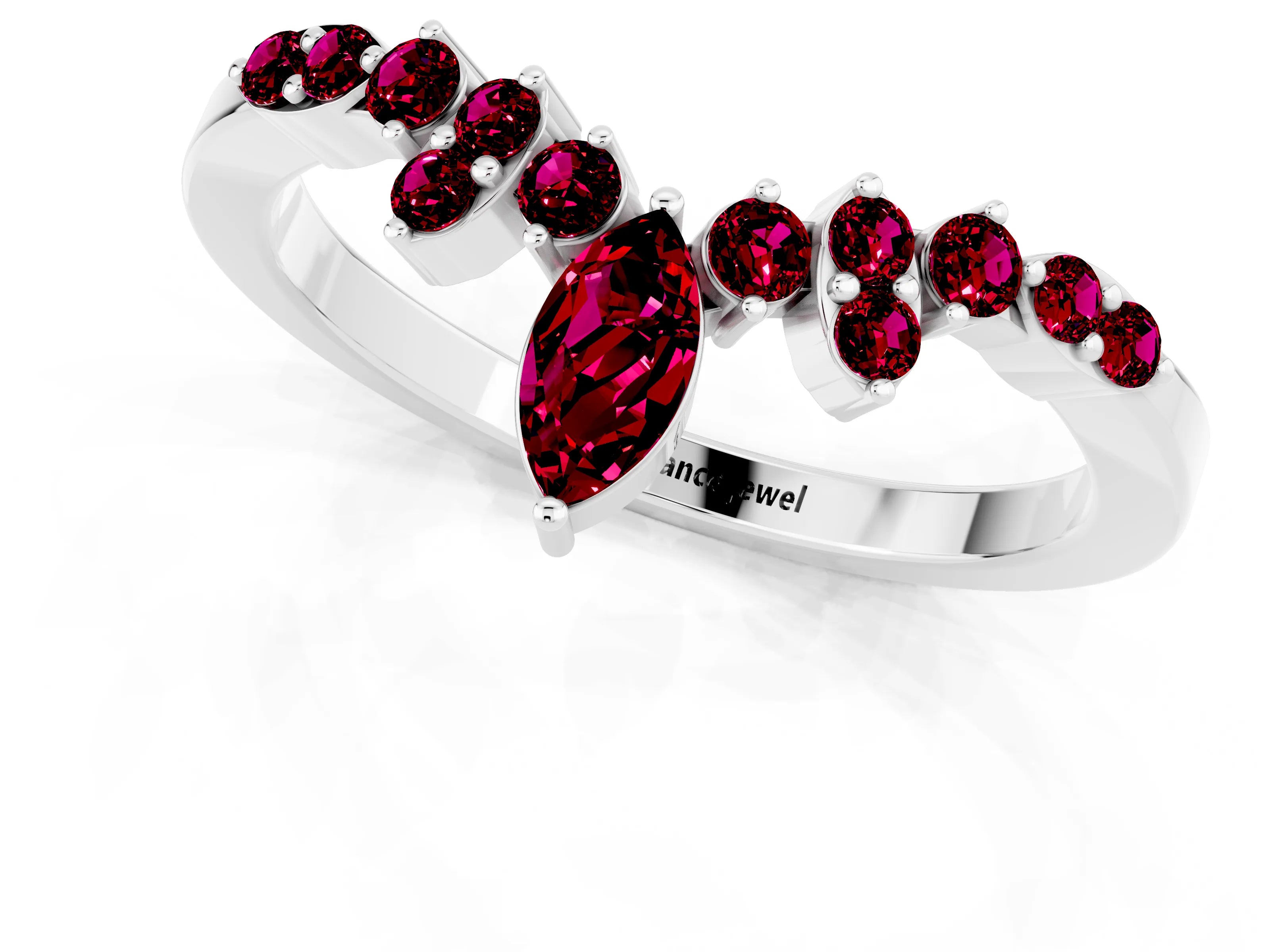 White gold Marquise and Round Garnet Chevron Band with Prong Setting_7
