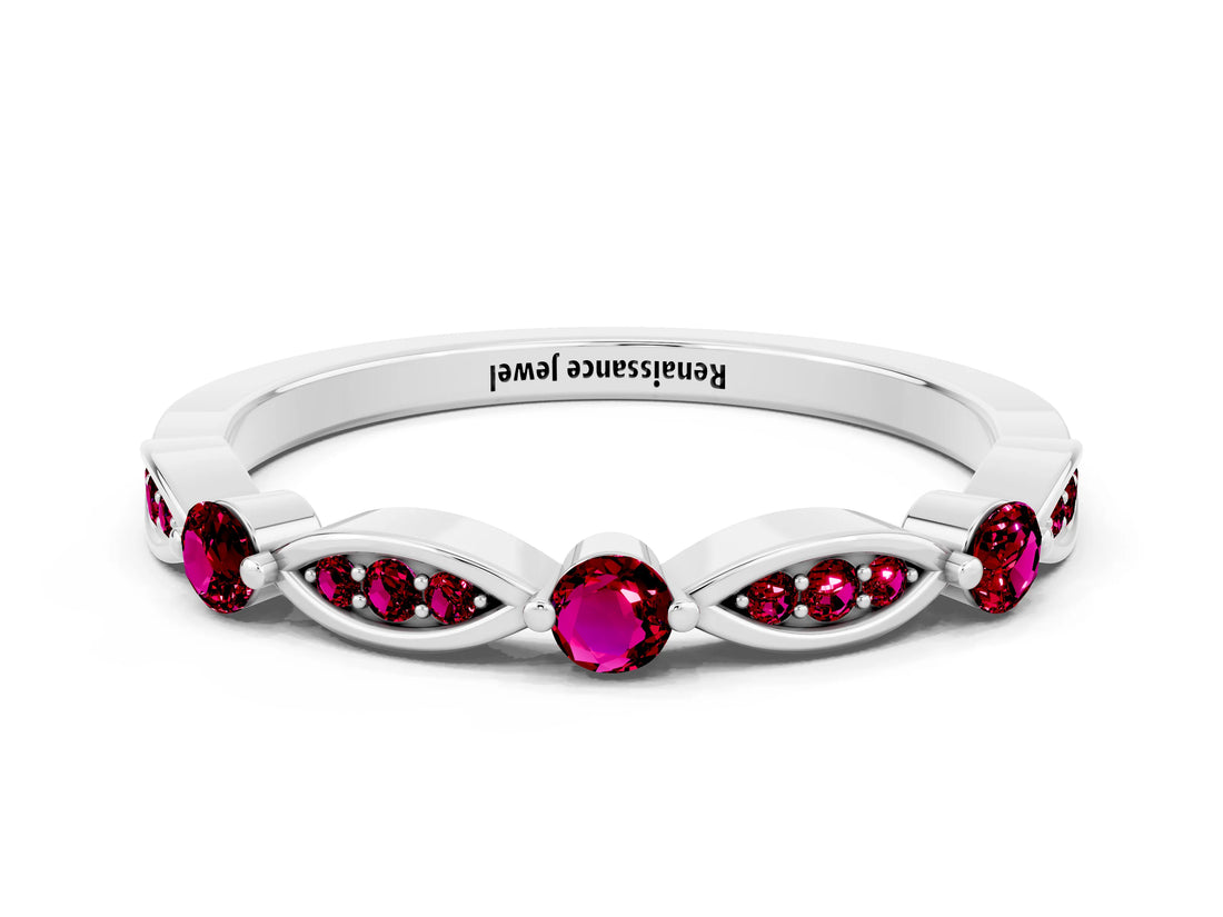 White gold Marquise and Round Garnet Milgrain Band with Bezel Setting_6