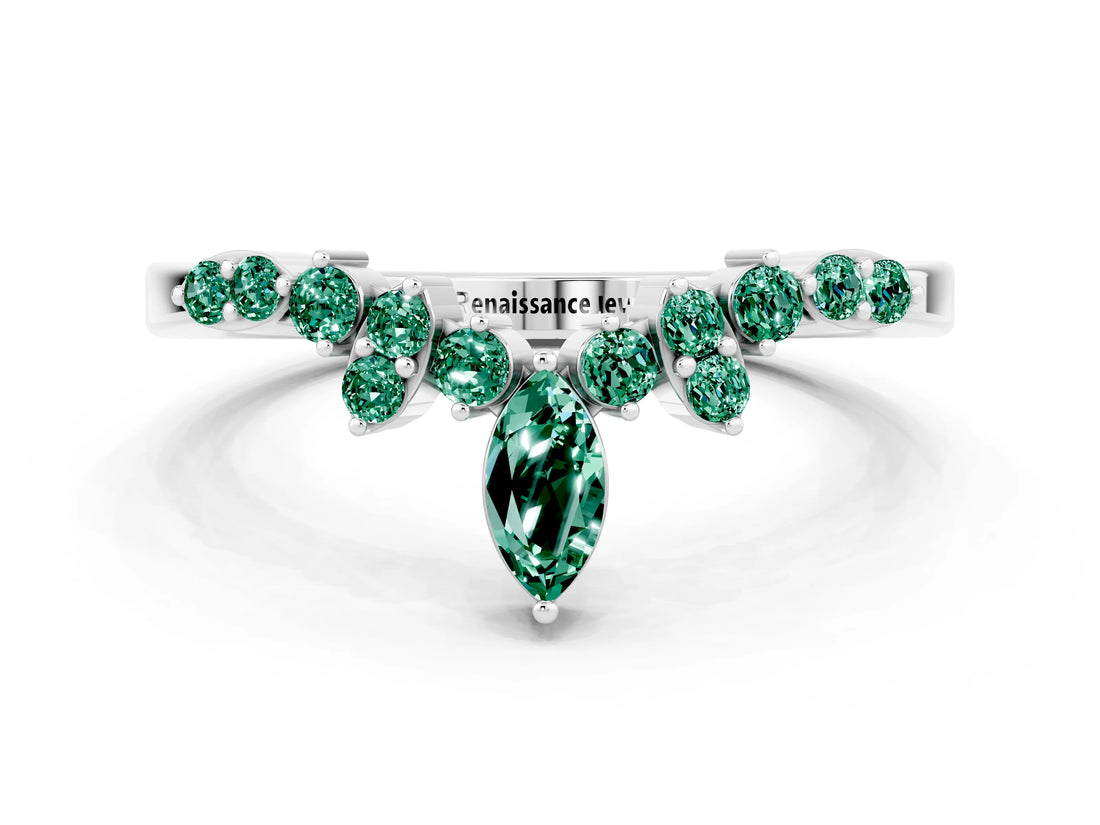 White gold Marquise and Round Green Sapphire Chevron Band with Prong Setting_6
