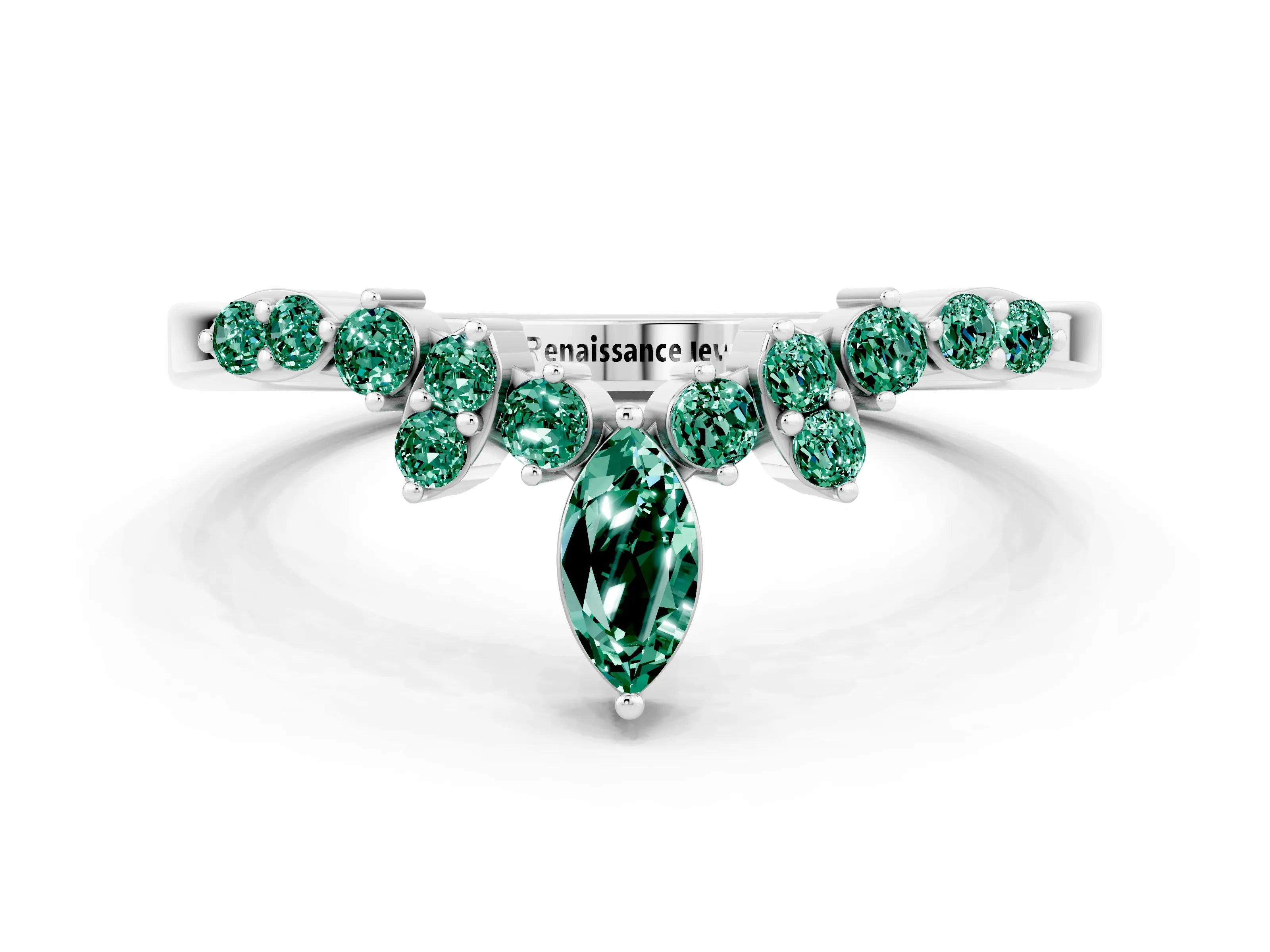 White gold Marquise and Round Green Sapphire Chevron Band with Prong Setting_6