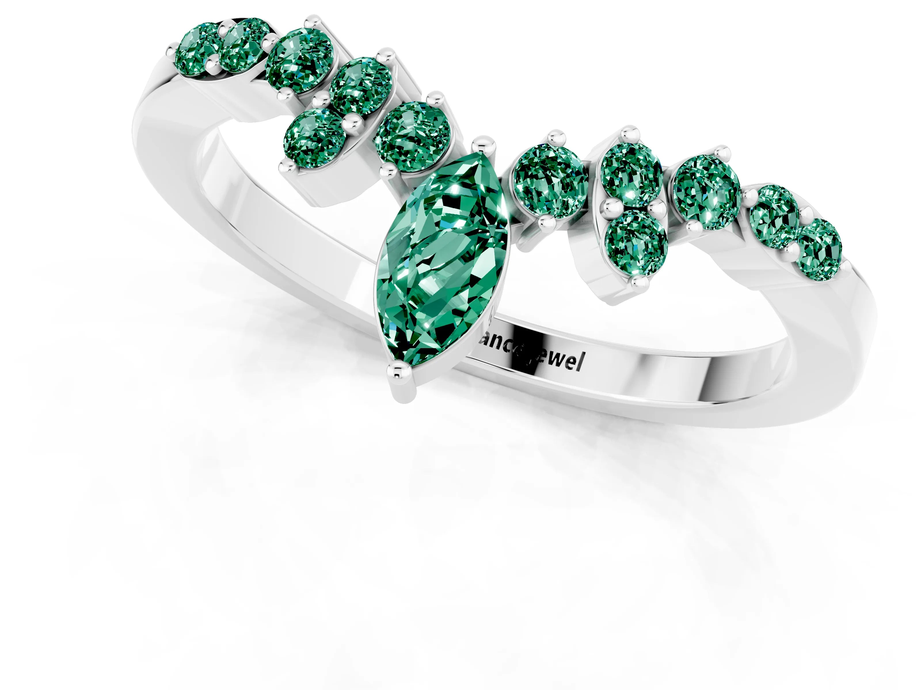White gold Marquise and Round Green Sapphire Chevron Band with Prong Setting_7
