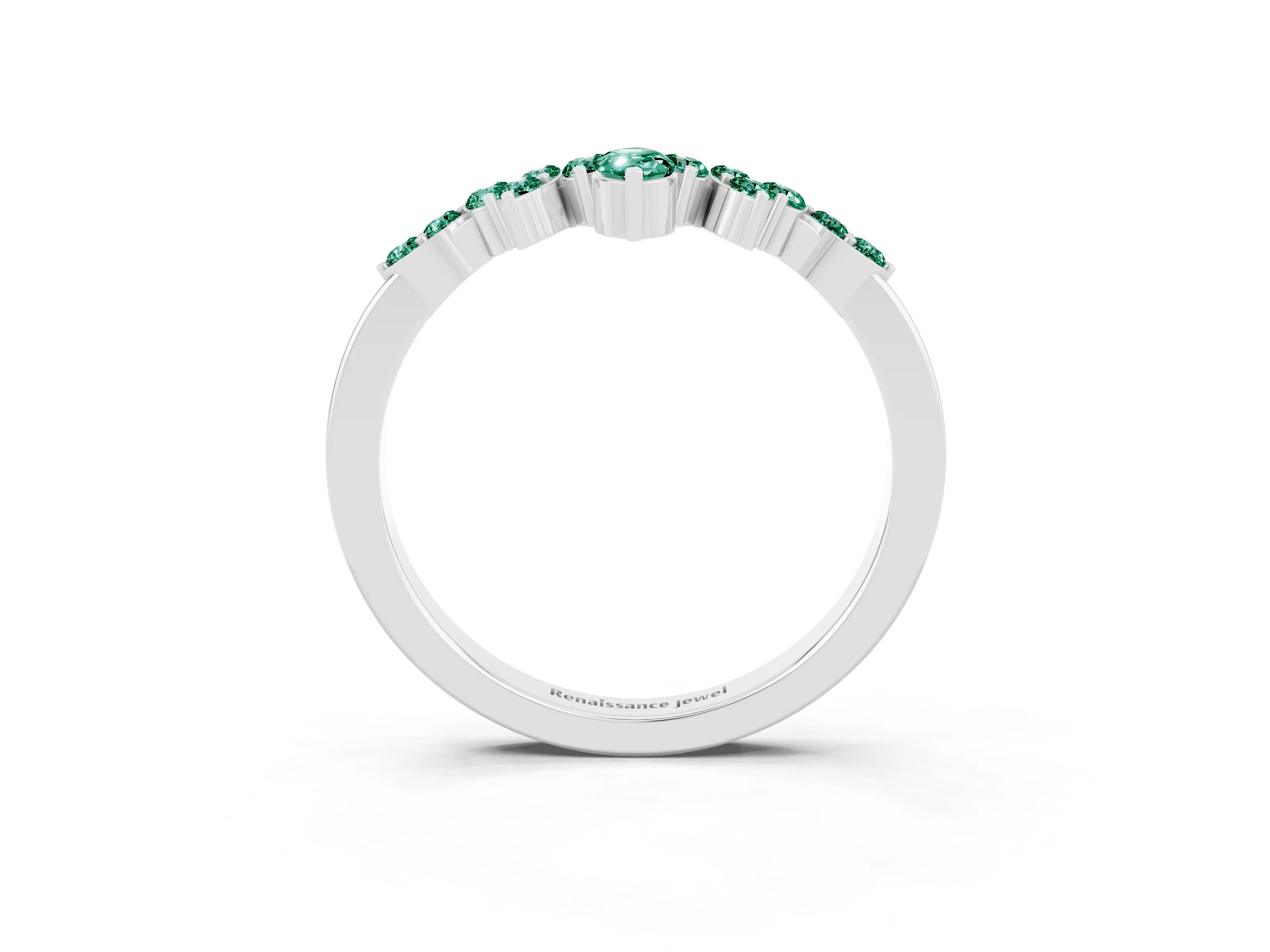 White gold Marquise and Round Green Sapphire Chevron Band with Prong Setting_9