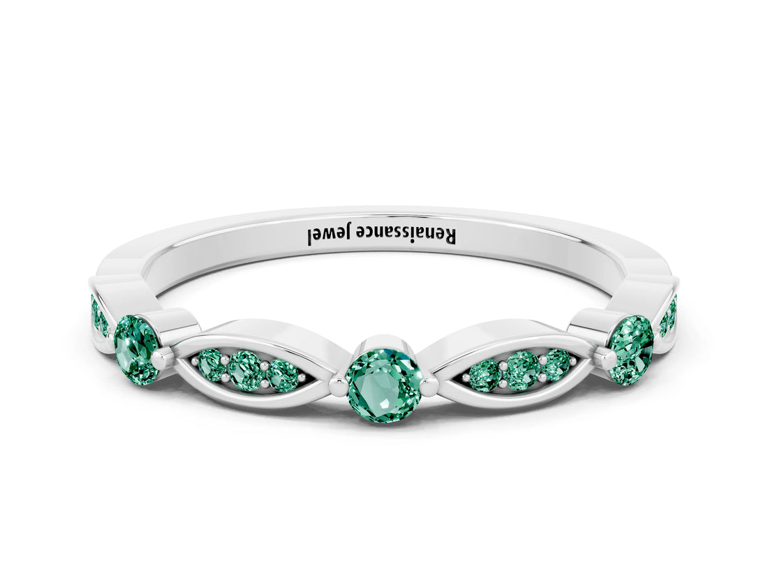 White gold Marquise and Round Green Sapphire Milgrain Band with Bezel Setting_6
