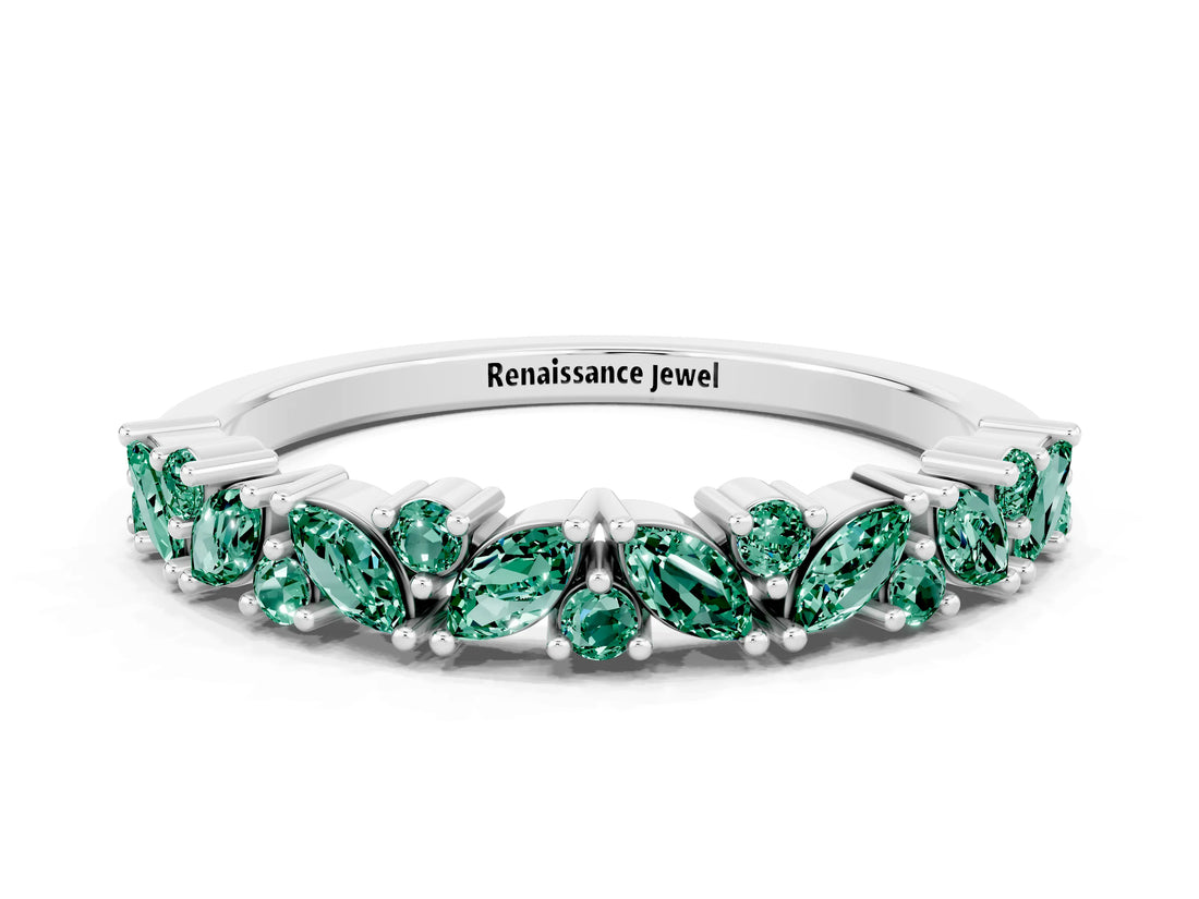 White gold Marquise and Round Green Sapphire Vine Eternity Band with Prong Setting_6