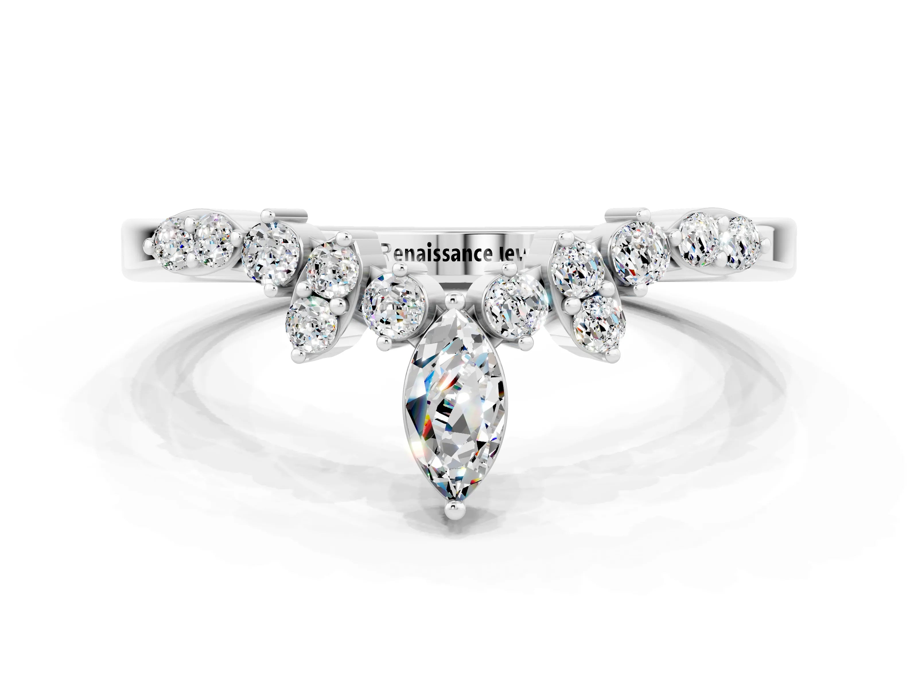 White gold Marquise and Round Moissanite Chevron Band with Prong Setting_6