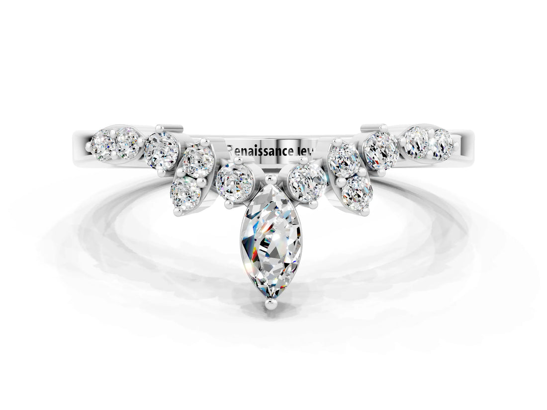 White gold Marquise and Round Moissanite Chevron Band with Prong Setting_6