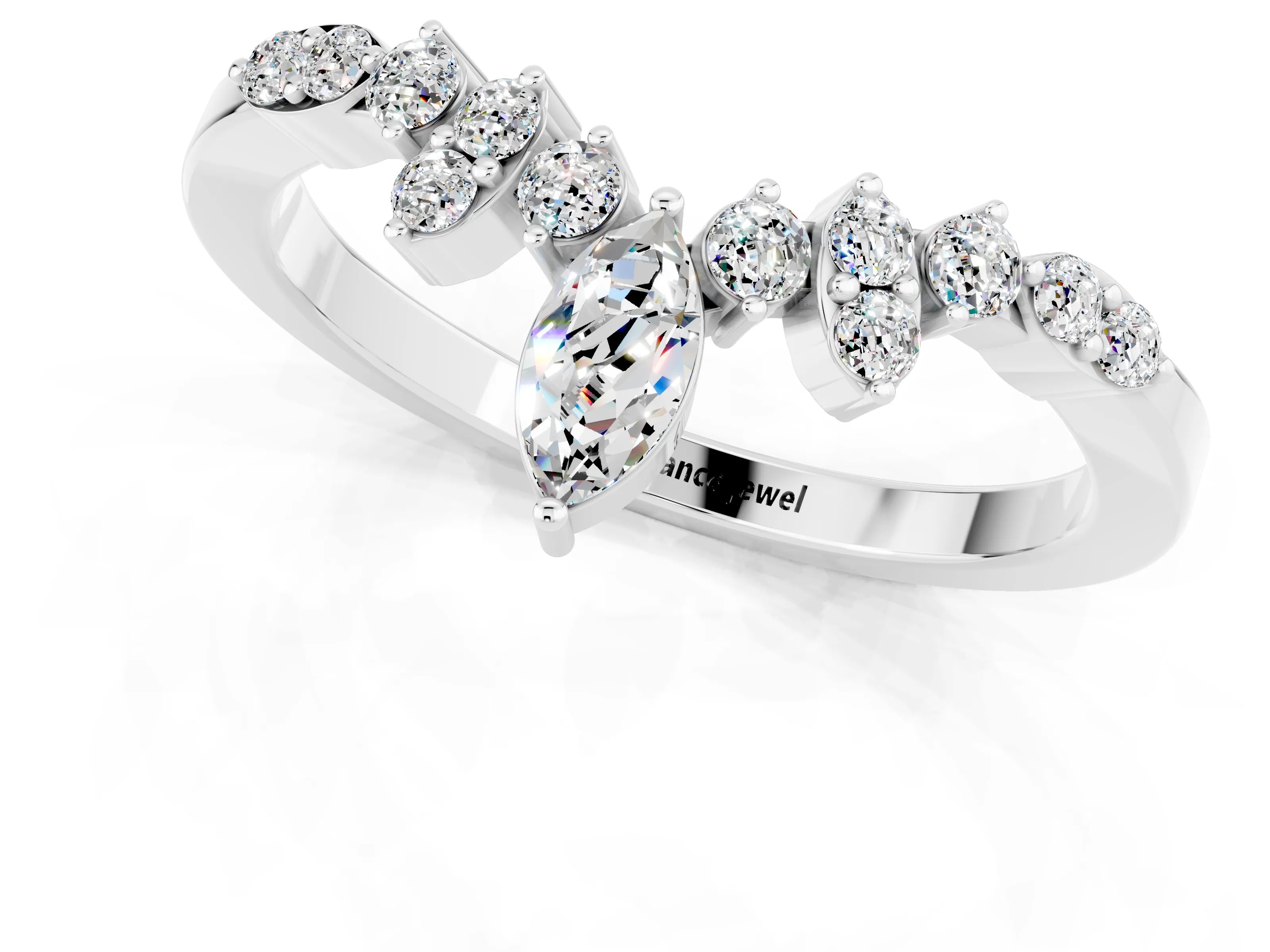 White gold Marquise and Round Moissanite Chevron Band with Prong Setting_7