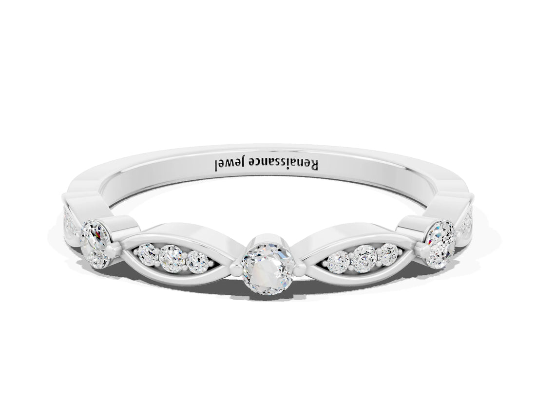 White gold Marquise and Round Moissanite Milgrain Band with Bezel Setting_18