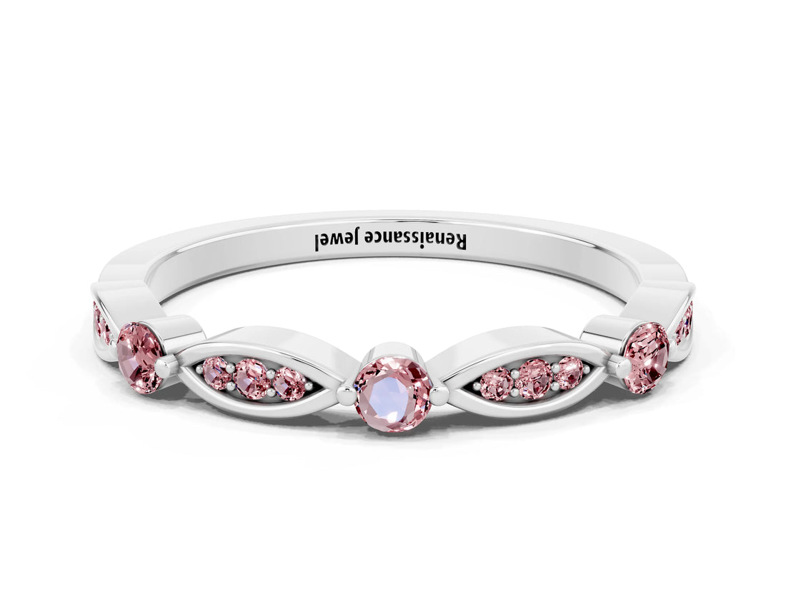 White gold Marquise and Round Morganite Milgrain Band with Bezel Setting_18