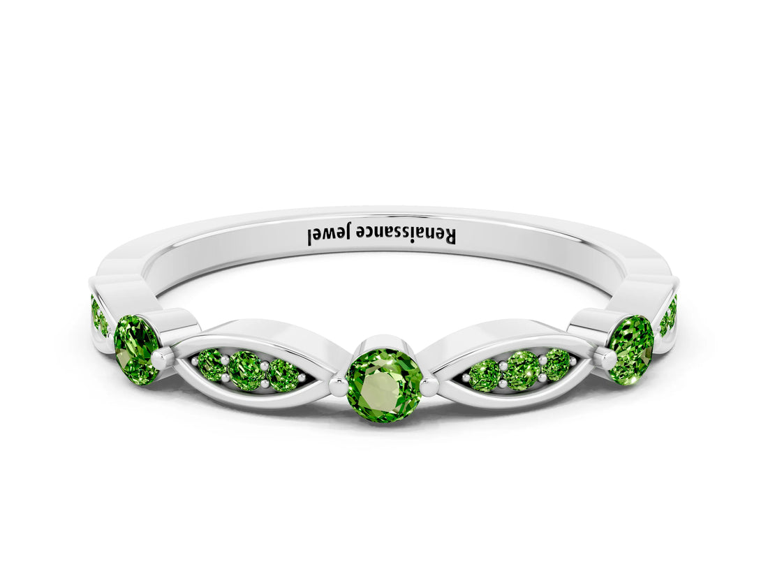 White gold Marquise and Round Peridot Milgrain Band with Bezel Setting_6