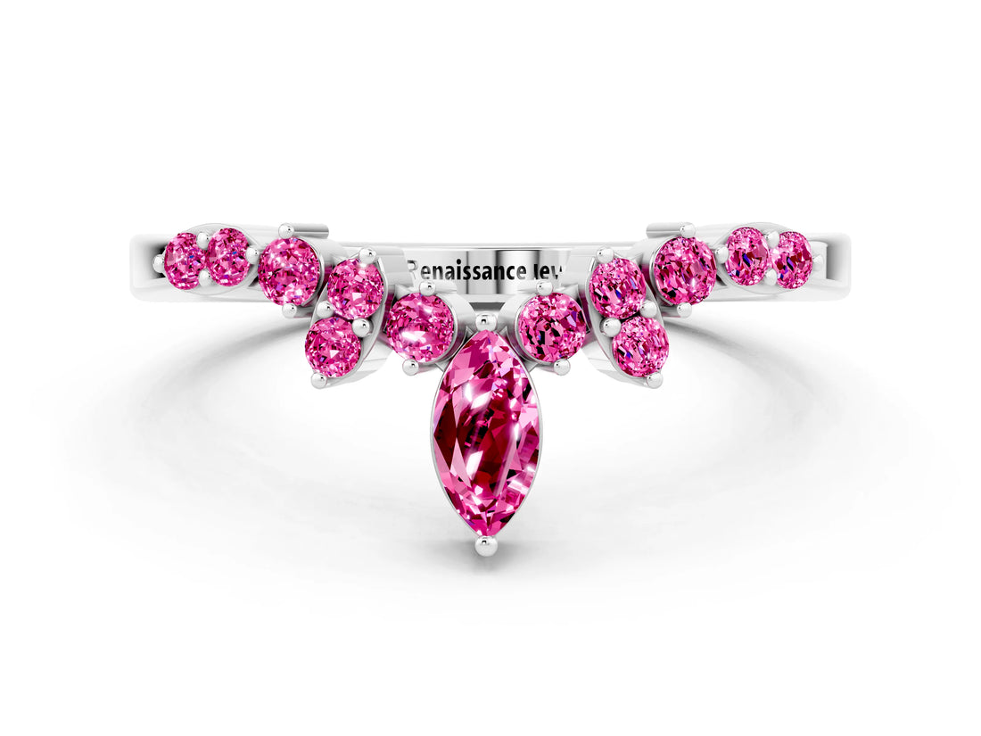White gold Marquise and Round Pink Sapphire Chevron Band with Prong Setting_18