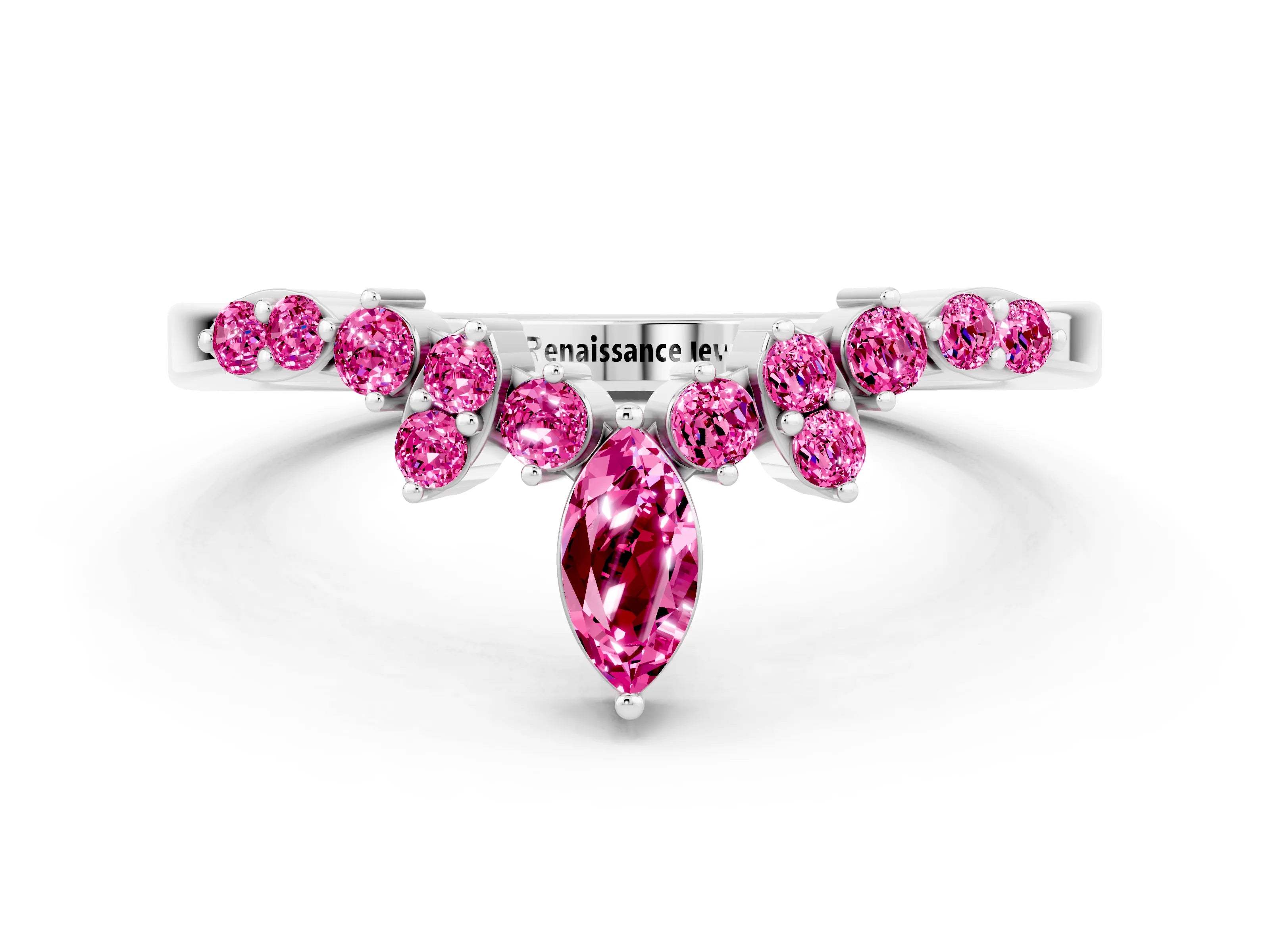 White gold Marquise and Round Pink Sapphire Chevron Band with Prong Setting_18