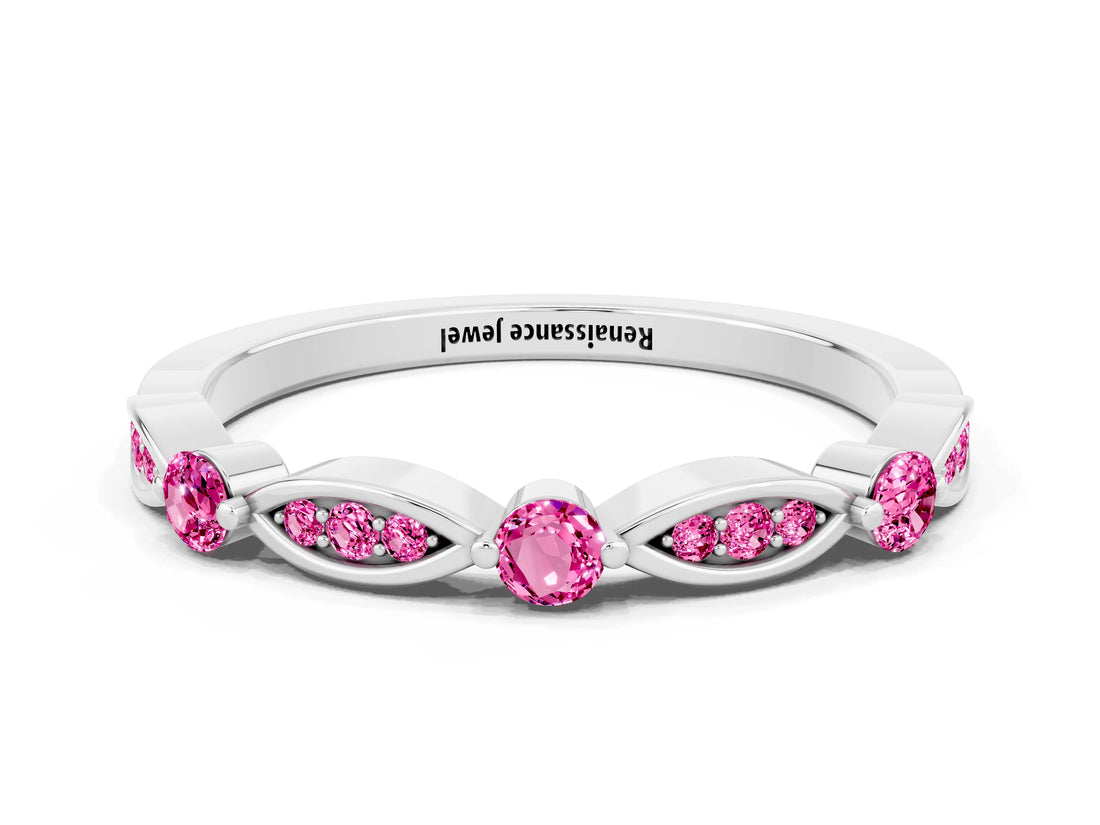 White gold Marquise and Round Pink Sapphire Milgrain Band with Bezel Setting_6