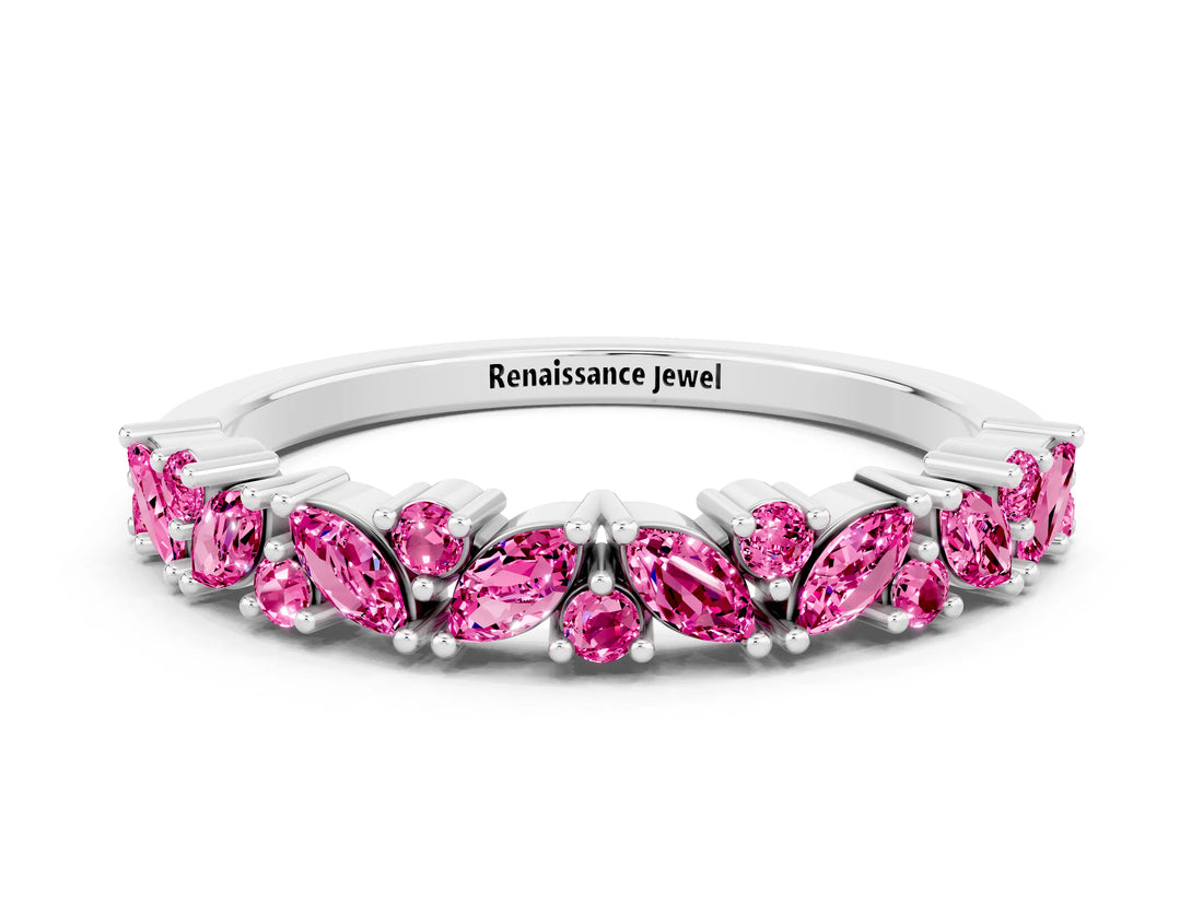 White gold Marquise and Round Pink Sapphire Vine Eternity Band with Prong Setting_18