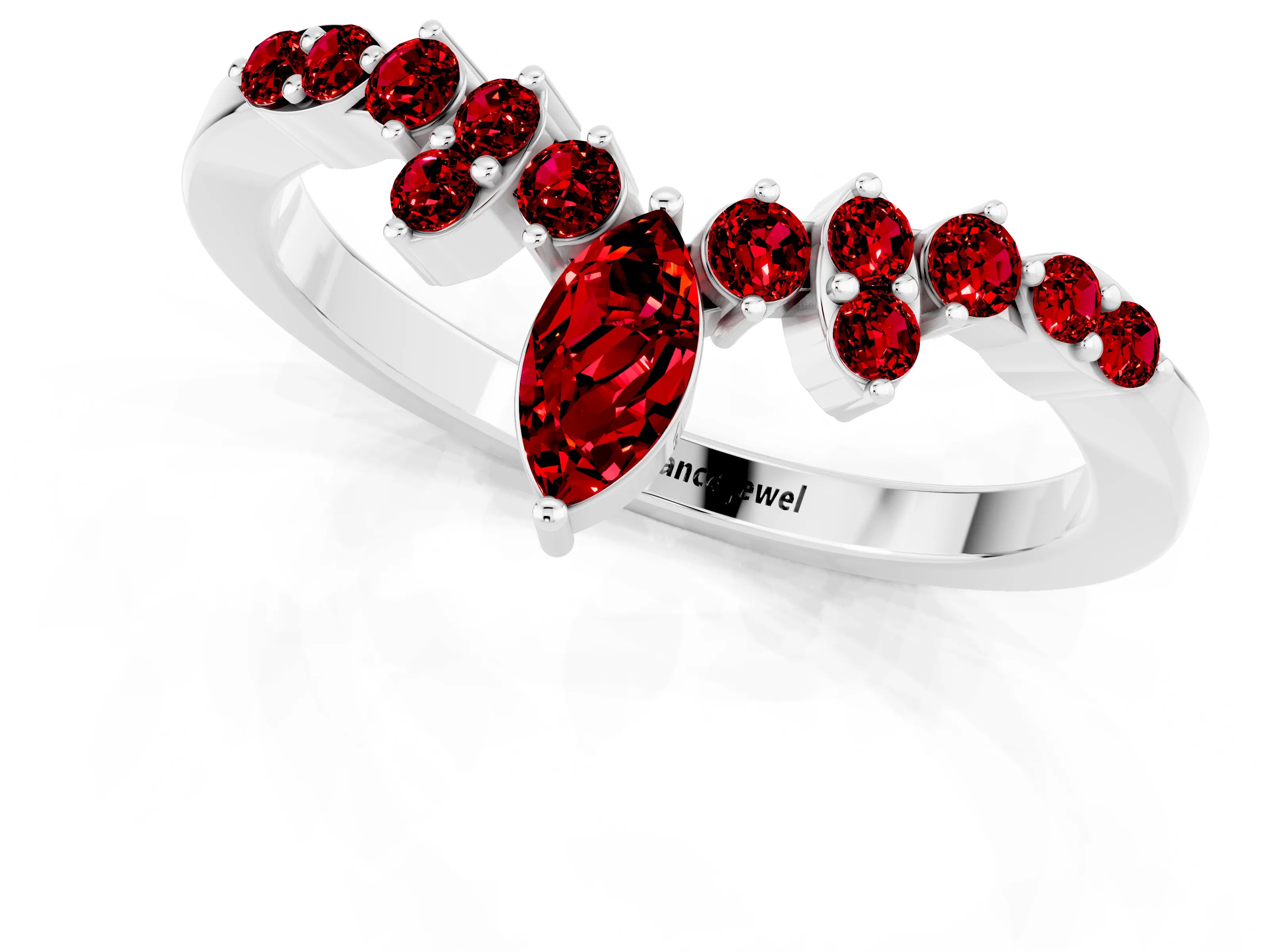 White gold Marquise and Round Ruby Chevron Band with Prong Setting_7