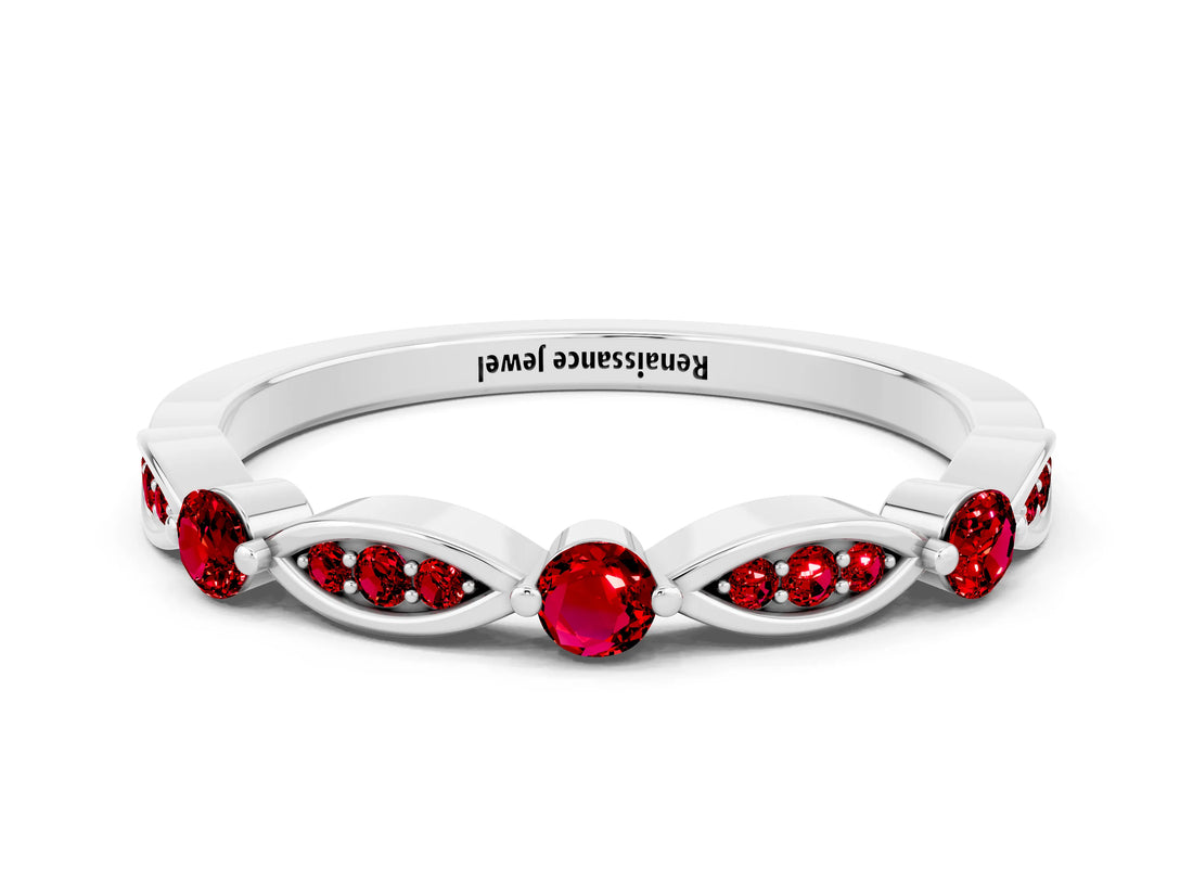 White gold Marquise and Round Ruby Milgrain Band with Bezel Setting_6