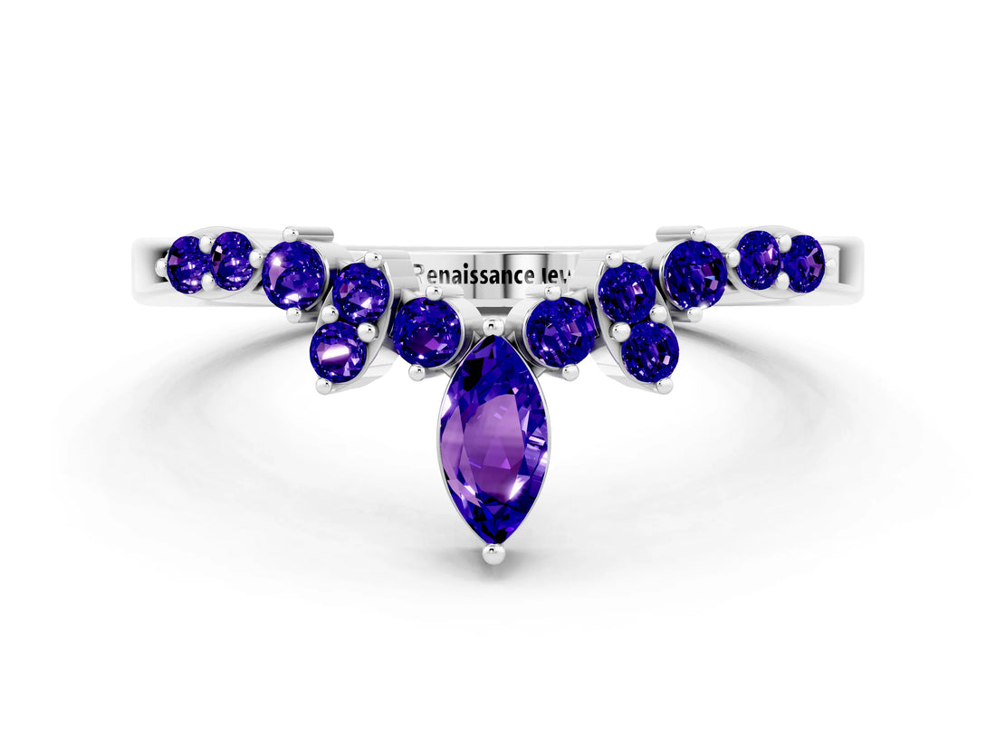White gold Marquise and Round Tanzanite Chevron Band with Prong Setting_6