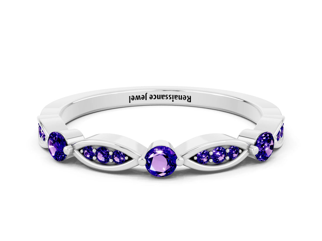 White gold Marquise and Round Tanzanite Milgrain Band with Bezel Setting_6