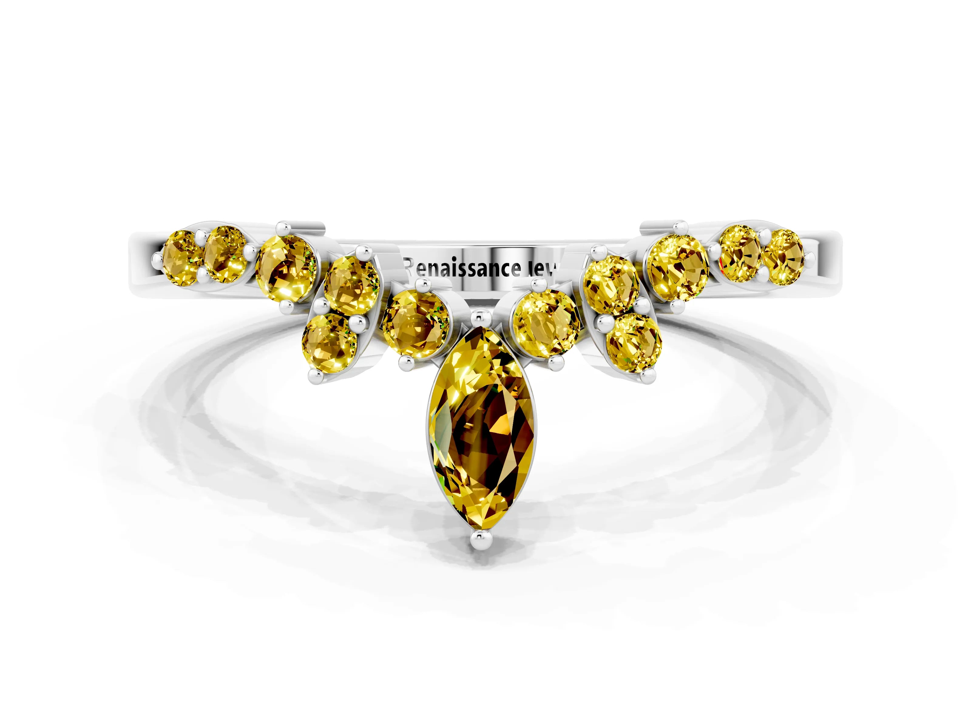 White gold Marquise and Round Yellow Sapphire Chevron Band with Prong Setting_18