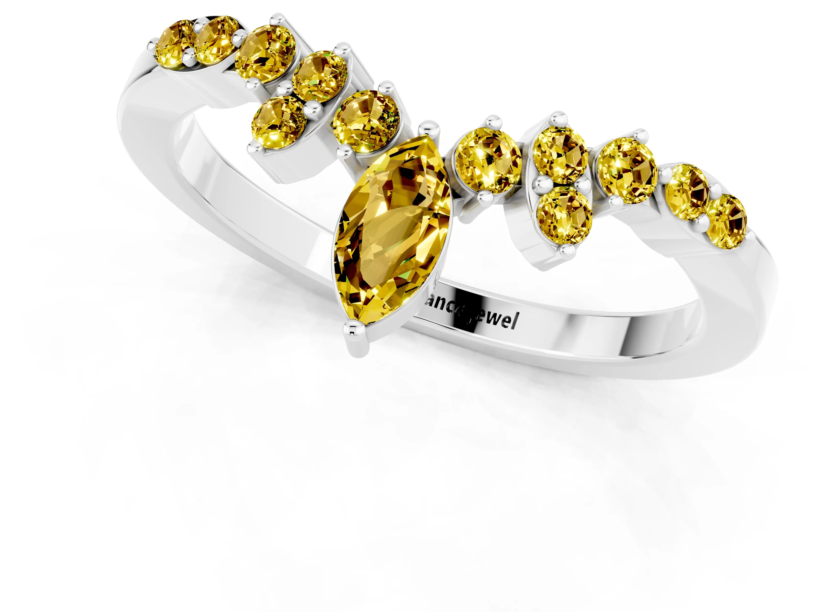 White gold Marquise and Round Yellow Sapphire Chevron Band with Prong Setting_19
