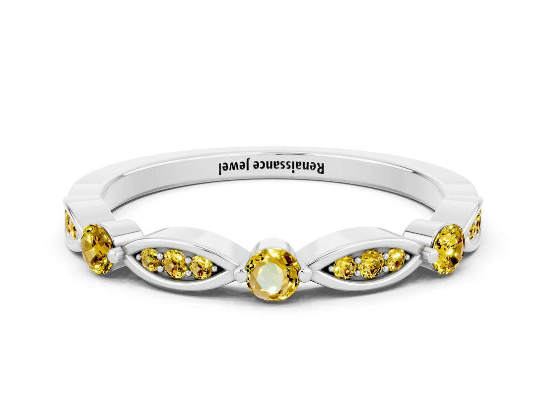 White gold Marquise and Round Yellow Sapphire Milgrain Band with Bezel Setting_18