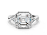 White gold Milgrain Asscher Cut Diamond Ring with Tapered Pave Band and Four Prong Setting_6