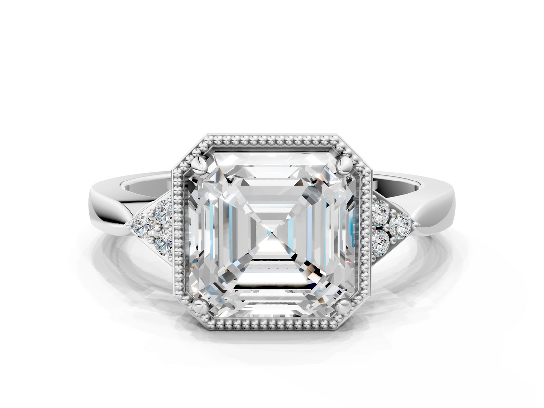 White gold Milgrain Asscher Cut Diamond Ring with Tapered Pave Band and Four Prong Setting_6