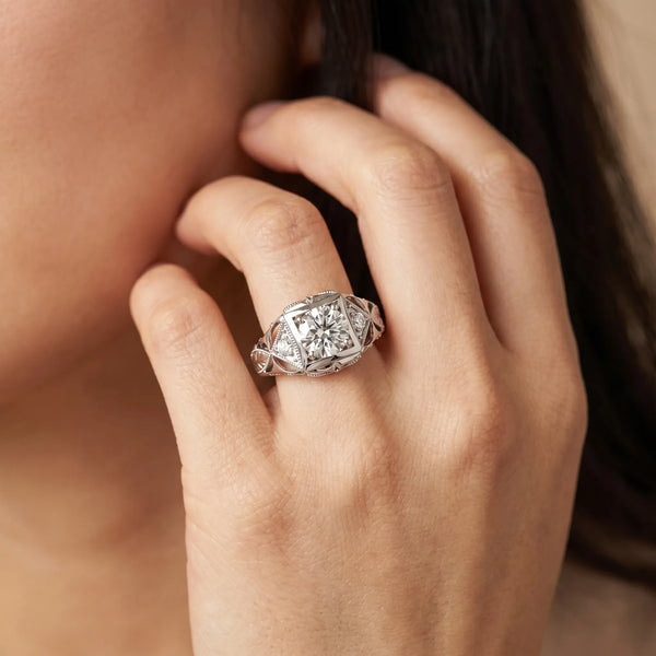 White gold Milgrain Bezel Round-Cut Filigree Engagement Ring