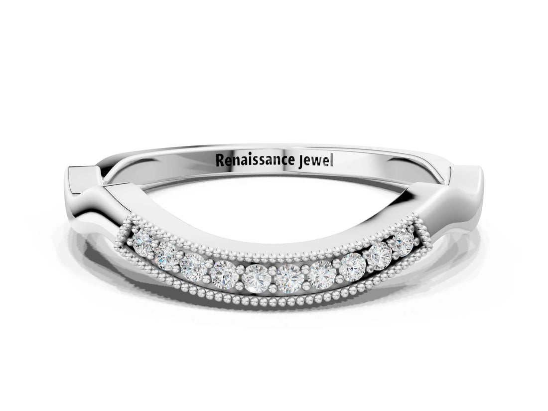 White gold Milgrain Curved Diamond Pavé Band with Round Stones_12