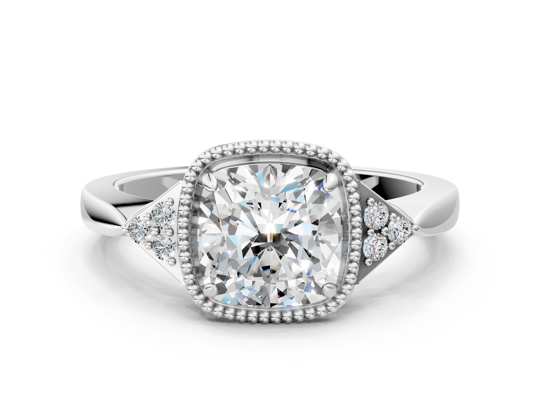 White gold Milgrain Cushion Cut Diamond Ring with Tapered Pave Band and Four Prong Setting_3